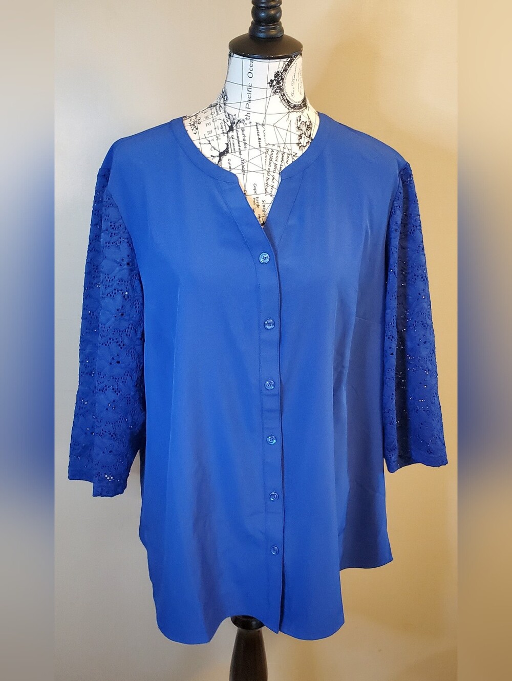 Denim & Co Womens XL Button Front Blouse Blue Purple Lace 3/4 Sleeve Top